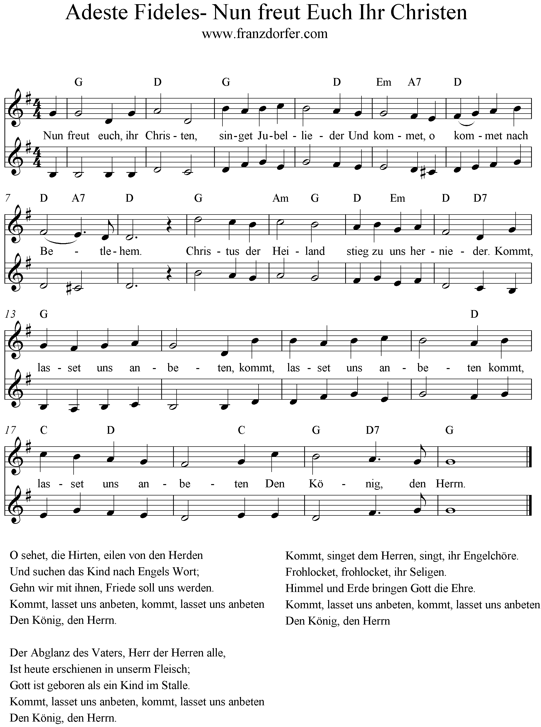 Noten Adeste fideles- Nun freut euch Ihr Christen